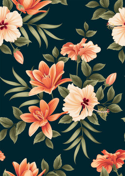 Seamless pattern of hibiscus flowers and lily with leaf background template. Vector set of floral element for tropical print, wedding invitations, greeting card, brochure, banners and fashion design.