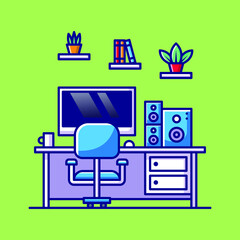 Workspace Cartoon Illustration Computer With Chair Monitor Plant Book Glass And Sound On Table