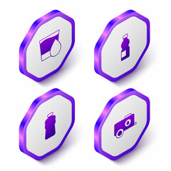 Set Isometric Glass with water, Bottle of, and Mobile tank icon. Purple hexagon button. Vector