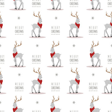 Christmas pattern with reindeers. Cute deers with antlers and scarves. Winter print. New Year seamless background. Vector illustration in flat cartoon style.
