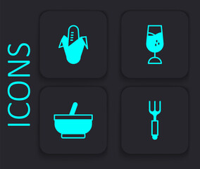 Set Fork, Corn, Wine glass and Mortar and pestle icon. Black square button. Vector