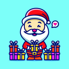 Cute Santa Claus Character Icon Cartoon Illustration With Bringing Lots of Gifts