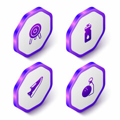 Set Isometric Target sport, Fitness shaker, sneakers shoes and Bowling pin and ball icon. Purple hexagon button. Vector