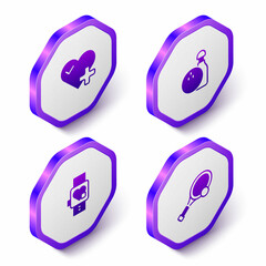 Set Isometric Heart rate, Bowling pin and ball, Smart watch with heart and Tennis racket icon. Purple hexagon button. Vector