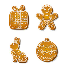 Christmas gingerbread cookies. Festive biscuits in shape of gingerbread man and christmas tree decoration, gift box and rabbit. Cartoon Vector illustration
