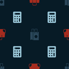 Set Paper shopping bag, and Calculator on seamless pattern. Vector
