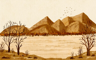 Fototapeta na wymiar Autumn scenery mountains landscape background Watercolor Hand drawn illustration
