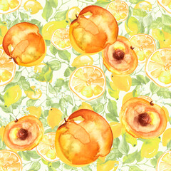 Watercolor seamless pattern from a set of fruit - peach, apricot, yellow plum, cherry plum.  hand drawing threads of lemon, lime with leaves. Trendy pattern. Painting Citrus fruits.orange slice, lemon
