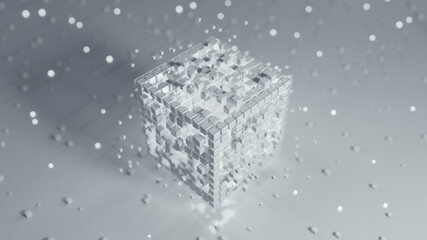Futuristic white cube with glowing elements 3D render illustration