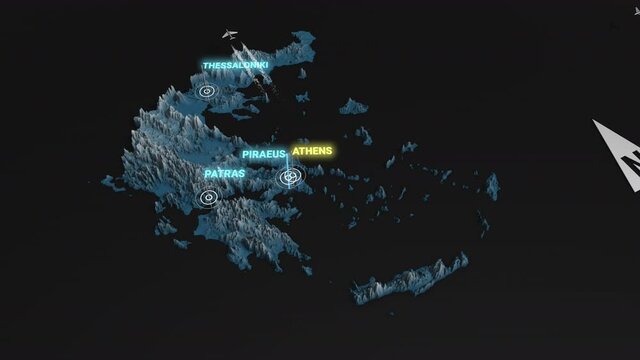 Seamless looping animation of the 3d terrain map at nighttime of Greece with the capital and the biggest cites in 4K resolution
