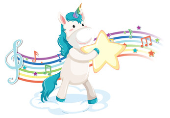 Cute unicorn standing on the cloud with melody symbols on rainbow