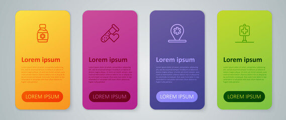 Set line Location hospital, Bottle of medicine syrup and Test tube with blood. Business infographic template. Vector