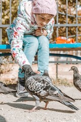 Obraz premium Teenager girl feeding pigeons in the park. The girl sits on a bench and feeds the birds with seeds. Autumn sunny day. Taking care of birds in an urban. Lifestyle. Positive emotions. Selective focus