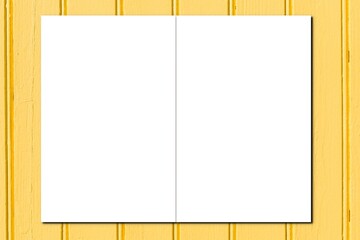 two empty blank paper sheets for brochure on wooden plank yellow background in white flat lay Mock up