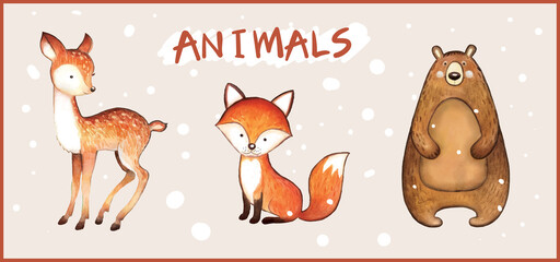 Illustration with cute animals - fox, deer, teddy bear. Vector illustration.