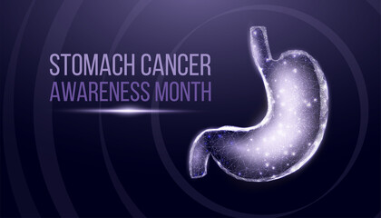 Fototapeta premium Stomach cancer awareness month. Wireframe low poly style. Concept for medical, treatment of the digestive system. Abstract modern 3d vector illustration on dark blue background.