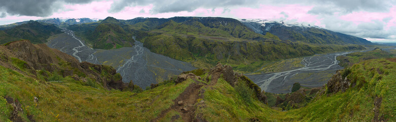 View from the summit of Valahnukur in Porsmörk, Iceland, Europe
