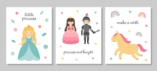A set of postcards with cute princesses. Little princess, knight, unicorn. Children's posters. Vector nursery illustration