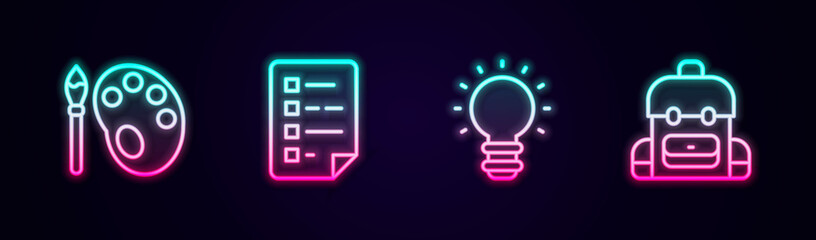 Set line Paint brush with palette, Clipboard checklist, Creative lamp light idea and School backpack. Glowing neon icon. Vector