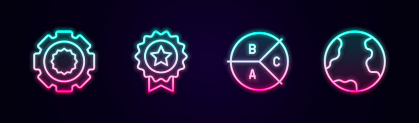 Set line Gear, Medal with star, Pie chart infographic and Earth globe. Glowing neon icon. Vector