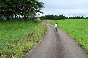 高原のサイクリングロードで自転車に乗るキッズ