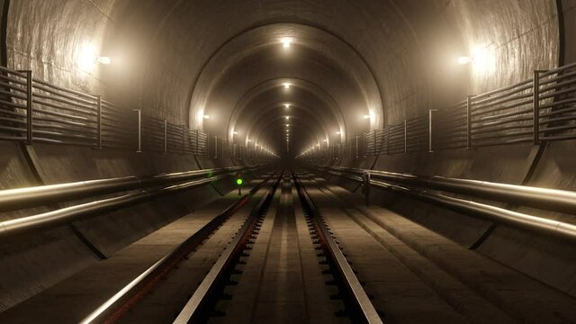 Moving Forward Through Underground Subway Tunnel 3D Animation. Seamless loop