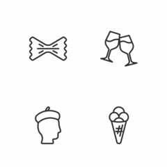 Set line Ice cream in waffle, French man, Macaroni and Wine glass icon. Vector