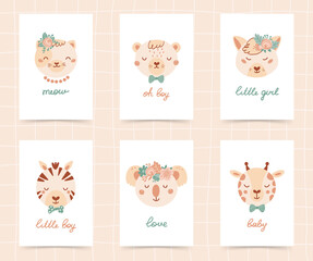 Fototapeta na wymiar Set six cute poster with the face of zebra, cat, bear, giraffe, fox, koala. A collection with animals flat style for children clothing, textiles, wallpapers. Vector Illustration