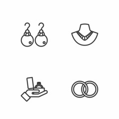 Set line Wedding rings, Diamond engagement box, Earrings and Necklace mannequin icon. Vector