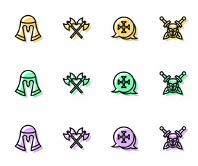 Set line Crusade, Medieval helmet, Crossed medieval axes and Skull with sword icon. Vector