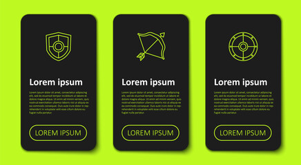 Set line Shield, Medieval bow and arrow and Round shield. Business infographic template. Vector
