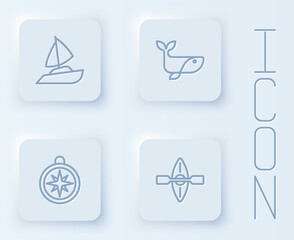 Set line Yacht sailboat, Whale, Compass and Kayak and paddle. White square button. Vector