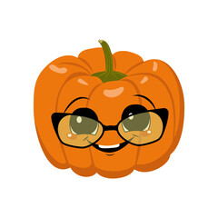 Cute pumpkin character with joy emotions, face, big eyes, glasses and wide happy smile. Festive decoration for Halloween. Mischievous vegetable hero