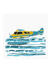  Editable Side View Pontoon Plane Flying Over a Wavy Lake Vector Illustration in Brush Strokes Style for Transportation or Recreation Related Design