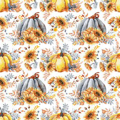 Autumn bouquet of pumpkins, sunflower, berries, fallen leaves. Seamless pattern with flower arrangement, watercolor illustration on a white background. Halloween holiday design, Thanksgiving, harvest