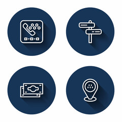 Set line Taxi call telephone service, Road traffic sign, Stacks paper money cash and Location taxi car with long shadow. Blue circle button. Vector