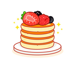 Pancake with honey strawberry and blueberry sweet food dessert breakfast hand drawn cartoon art illustration