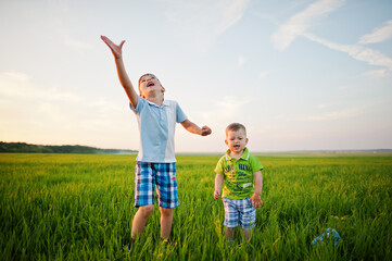 Two brothers in green grass field.