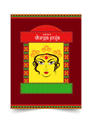Happy Durga Puja Font With Goddess Durga Maa Face On Colorful Background.