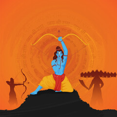Fototapeta Hindu Mythology Lord Rama Fighting Between Ravana On Orange Jay Shri Rama Hindi Text Pattern Background. obraz