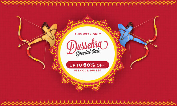 UP TO 60% Off For Dussehra Sale Banner Design With Lord Rama And His Little Brother Lakshman Character.