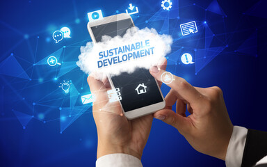 Hand using smartphone with cloud technology concept
