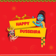 Happy Dussehra Concept With Cheerful Lord Rama And King Ravana Character On Red Background.