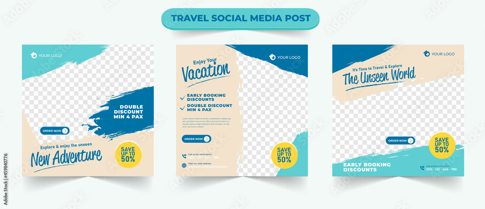 Wall mural set of travel tourism holiday sale social media post template web ads banner flyer or poster for tra