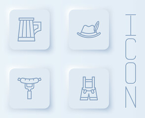 Set line Wooden beer mug, Oktoberfest hat, Sausage on the fork and Lederhosen. White square button. Vector