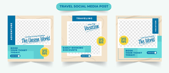 Set of adventure tourism holiday sale social media post template web ads banner flyer or poster for travelling agency business offer promotion design