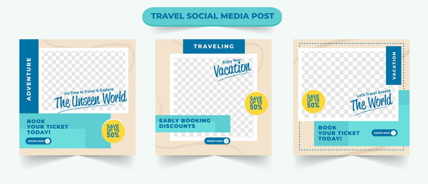 Set of adventure tourism holiday sale social media post template web ads banner flyer or poster for travelling agency business offer promotion design