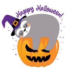 Happy Halloween - funny sloth hanging on pumpkin lantern. Sloth doodle draw for print. Adorable poster for Halloween party, good for t shirts, gifts, mugs or other print designs. Trick or treat animal © Zsuzsanna