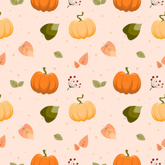 Seamless pumpkin pattern with autumn colorful pumpkins, leaves and berry. Vector illustration of seasonal fall background in flat style.