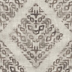 Seamless tan brown grungy tribal neutral rug motif surface pattern design for print. High quality illustration. Distressed bohemian ethnic repeat swatch. Hand drawn diamond damask textile design.